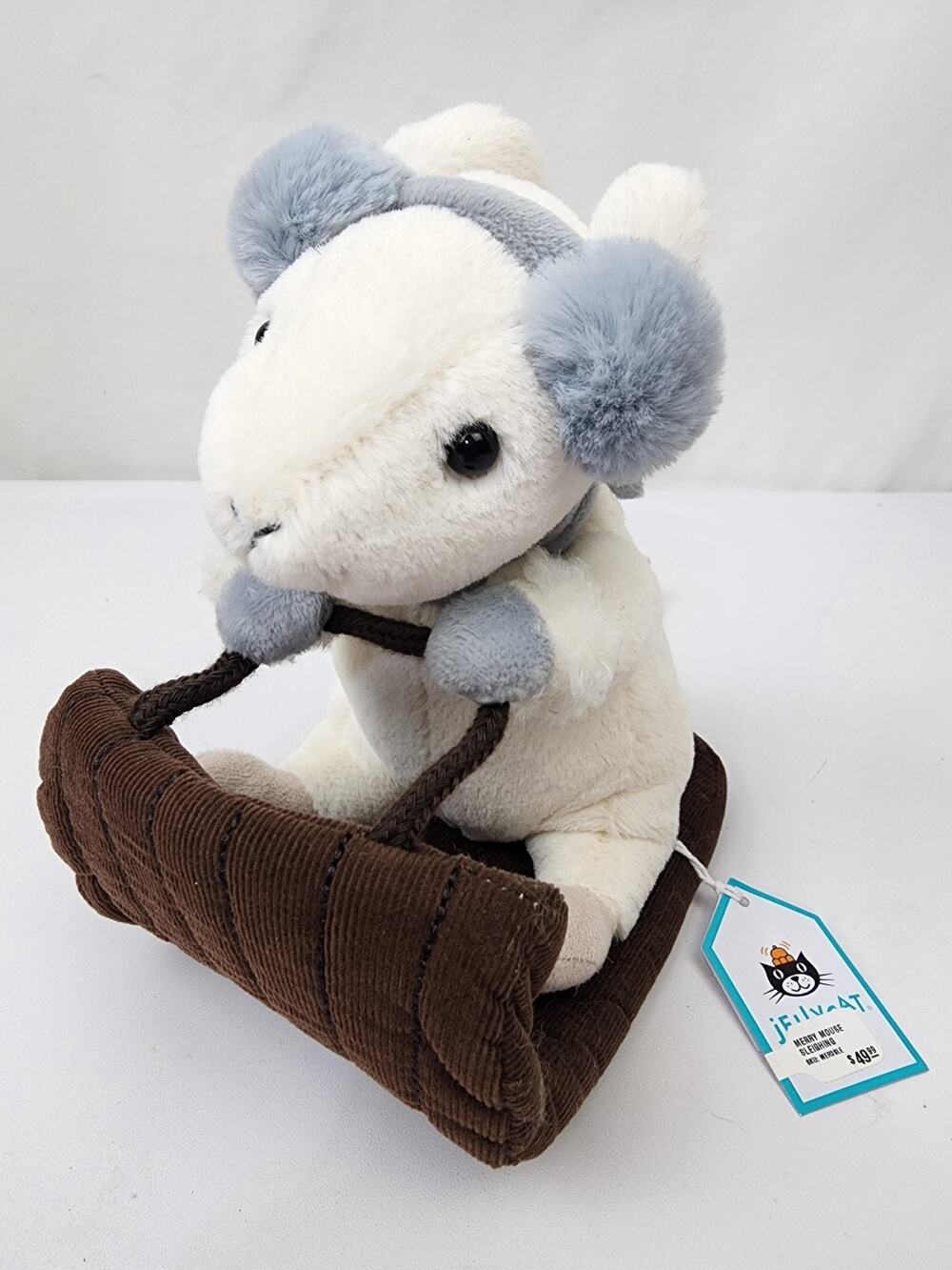 Jellycat Merry Mouse Sleighing Plush White Mouse Blue On Sleigh 7” NWT - Mint!